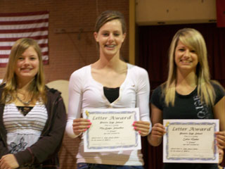 Kelsey Tidwell, MaKayla Schaeffer and Callie Mader received their letter awards for Rodeo at the awards assembly. Photo provided by PHS.