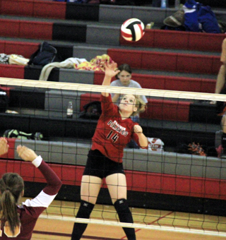 Demetria Riener goes for a kill from the back row in the Dayton match.