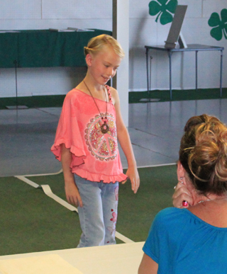 Danielle Sonnen, daughter of Norm and Julie Sonnen, modeled a bright pink top and jeans during the Beginning modeling judging on Monday.