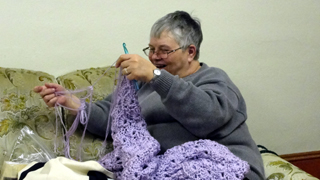 Sister Miriam discovered an abundance of purple yarn.