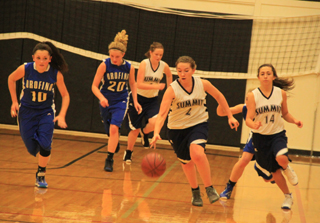 Summits Rachael Frei heads upcourt after stealing the ball from Orofino. Also shown are Bridget Beckman, background, and Rachel Waters.