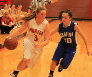 Keely Schmidt dribbles past an Orofino defender.