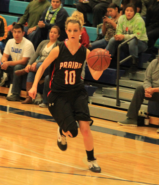 A rare site in the Lapwai game was a Prairie player without a Lapwai defender right on them. Here Leah Holthaus handles the ball near the 3-point arc.