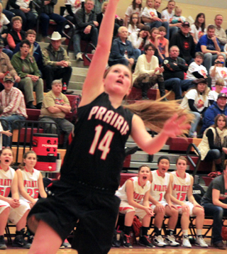 Kayla Schumacher scores against Hagerman. With 50 points in 3 games she was Prairies leading scorer at State.