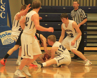 There was a scramble for a loose ball in the Kendrick game. Nathan Beckman battles a Kendrick player for the ball as Josh Lustig, Mathew Schwartz and Patrick Chmelik surround the action.