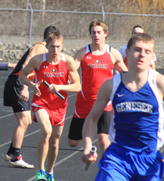 Isaiah Shears passed 2 runners in the final stretch of his 400 meter leg to give Peter Spencer the baton in 2nd place in the medley relay. At the Central Idaho Invitational in Lapwai. Spencer wound up passing Genesees anchor runner to give Prairie the win. It was one of 4 first place finishes for Spencer on the day.