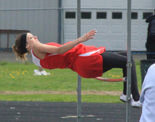 Brandi Gehring clears 4’6 in the high jump to win the event at the Kamiah Invitational.
