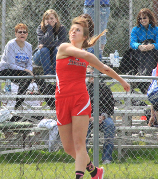 Heidi Holubetz lets fly with the discus at the Kamiah Invitational. She finished 4th in the event.