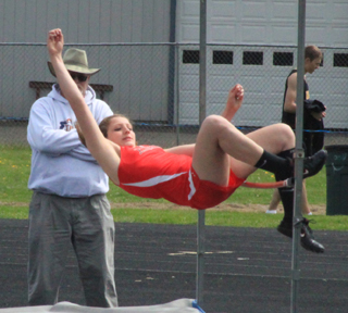 Shayla VonBargen clears the bar in the high jump. She wound up second with a mark of 4’6.