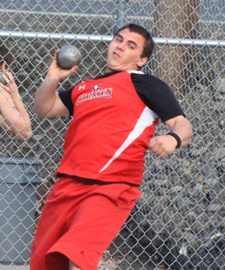Dakota Wilson in the shot put at the White Pine Meet at Lapwai Monday, April 28.