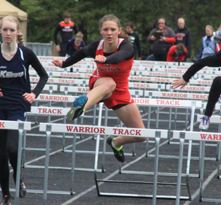 Mykaela McWilliams in the 100 meter hurdles where she placed 2nd. She is one of 3 Prairie athletes to qualify for state in 4 events as she is also in the 300 hurdles and the 4x100 and 4x400 relays.