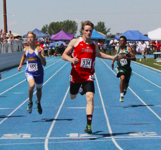 Lucas Arnzen finishes a fair margin ahead of everyone else in the 400 meter dash.