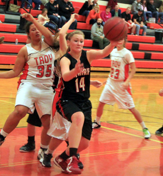 Kayla Schumacher comes down with the rebound after a missed free throw in the Troy game.