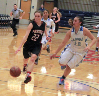 Krystin Uhlenkott drives into the lane after making a steal. Kayla Schumacher can be seen in the background.