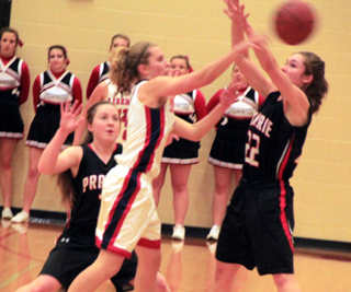 Krystin Uhlenkott and Angela Wemhoff double team a Liberty Charter player.