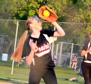Leah Higgins catches a ball hit right back at her in the second Potlatch game.