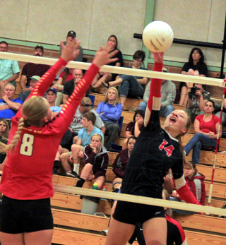 Sarah Seubert tips the ball past a blocker.