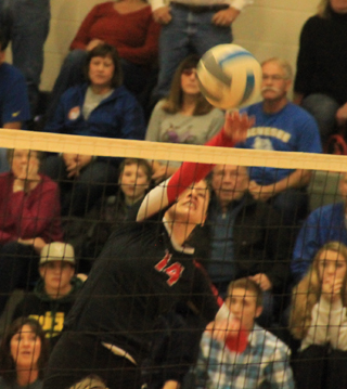 Sarah Seubert scores a kill in the semifinal against Genesee.