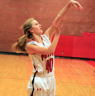 Jordyn Higgins puts up a shot against C.V. She and the other JV swing players got extended playing time against the overmatched Lady Rams Monday evening.