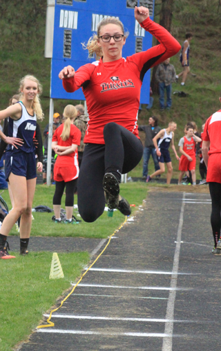 Mykaela McWilliams went over 16 feet in the long jump to take first place at Orofino despite a tender ankle.