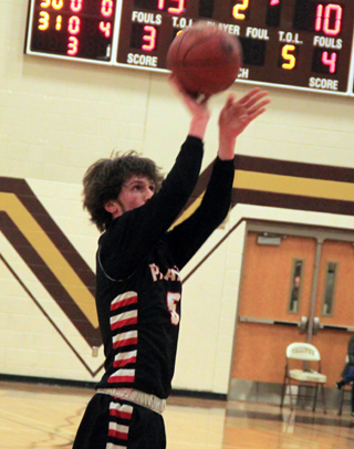 Hunter Chaffee shoots 1 of 5 3-pointers against Valley. With 11 3-pointers at the state tournament he had 63 on the season which has to be a new school record.