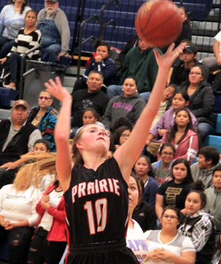 Jordyn Higgins makes a lay-up at Lapwai. She picked up the scoring load when Angela Wemhoff went out with an injury.