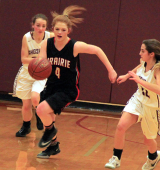 Josie Peery heads upcourt after stealing the ball against Shoshone.