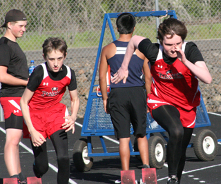 Wes Munger and Daniel Megale get out of the blocks at the start of their 100 meter dash heat at Lapwai. Photo by Steve Wherry.