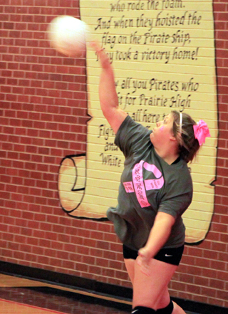 Hope Schwartz serves up an ace to start the match against Potlatch.