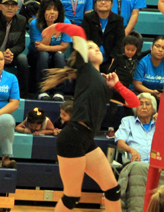 Delanie Lockett goes for a spike at Lapwai.