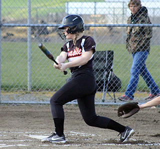 Eve Uhlenkott singles with 2 outs in the first inning to become Prairie's first baserunner.