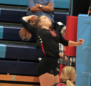 Delanie Lockett goes for a spike at Lapwai. She had a big week for the Lady Pirates last week.