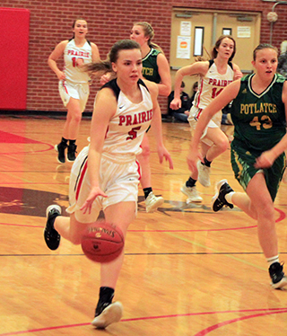 Delanie Lockett leads a break against Potlatch. Also shown are Josie Remacle and Tara Schlader.