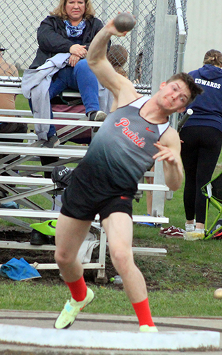 T.J. Hibbard in the shot put at Kamiah where he took first place with a mark of 40’10”.