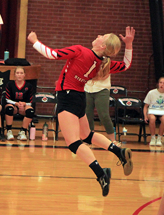 Kristin Wemhoff leaps high for a spike against Logos.
