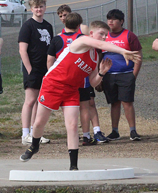 Kade Hanson in the shot put at the Prairie Meet.